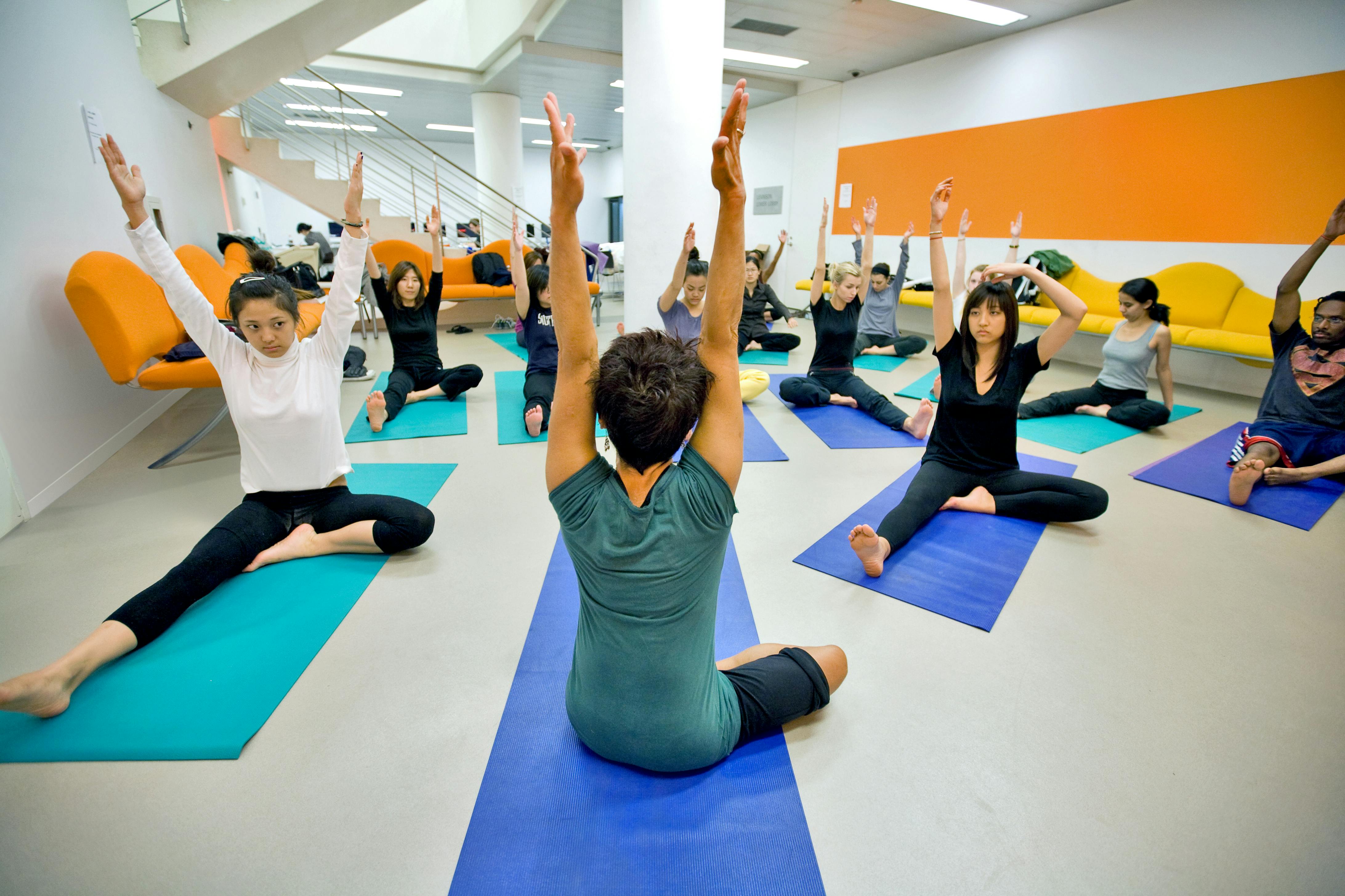 A group of students taking a yoga class.